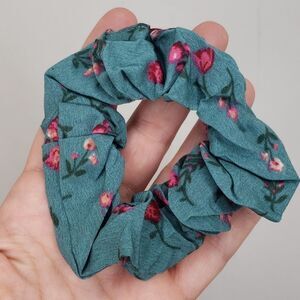 Teal blue and pink floral print scrunchie chiffon hair tie